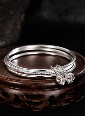 新款花蕊中砂三环两世欢银手镯 三生三世莲蓬手环 送朋友生日礼物