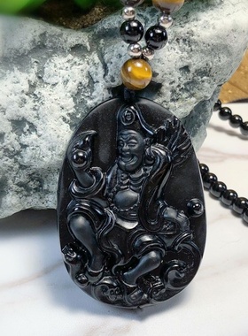 水晶道济法师吊坠全黑曜石济公挂坠罗汉男女通用项链黑曜石吊坠