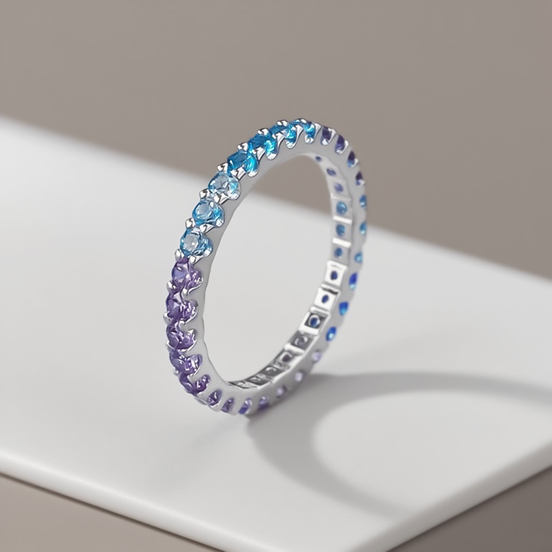 辉之翼珠宝S925银彩宝薰衣草系渐变色排戒指环波西米亚风满钻条戒