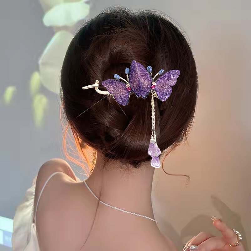 新款高档刺绣蝴蝶青蛙扣发夹女超仙夏季网红后脑勺盘发一字夹头饰