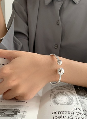 极简风纯银实心双球手镯女开口小众设计冷淡风手工手饰品大小款