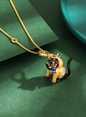 欧美个性设计时尚立体珐琅彩镶钻黑色卫衣猫咪吊坠项链挂坠书包链