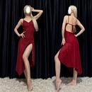 网纱红色气质爵士舞蹈闪光性感V领不规则吊带练功连衣裙露背开叉