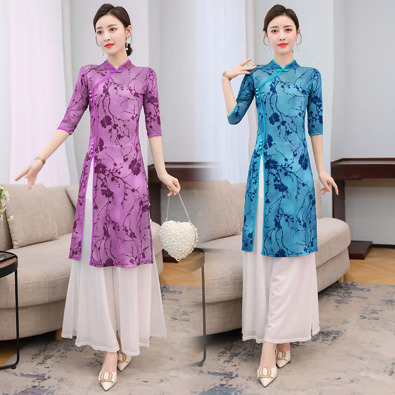 古典舞改良弹力网纱植绒旗袍裙套装修身韵纱衣飘逸练功服民族舞蹈