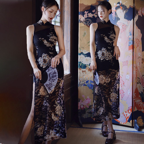 现代古典舞蹈旗袍服印花色露背