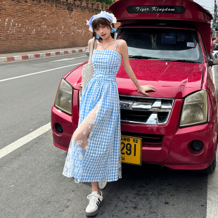 独特漂亮蓝格拼接蕾丝长裙女夏海边度假抹胸吊带连衣裙 2025新款