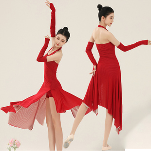 现代古典爵士舞蹈旗袍复古性感摩登女郎不规则挂脖连衣裙气质红裙
