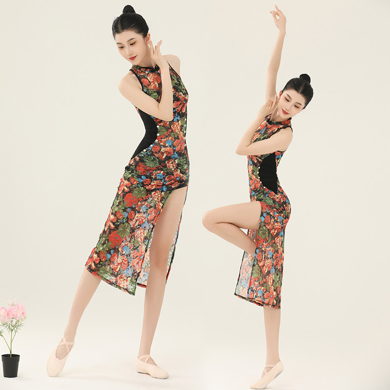 古典舞旗袍服多情种花色弹力复古蕾丝挂脖舞蹈裙削肩开叉演出服女
