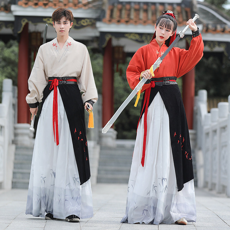 春秋国风古汉服刺绣花竹影印花中国风改良汉服汉元素对襟袄裙CP装