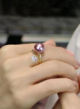 紫色小珍珠贝珠高级戒指正圆极强镀彩金戒指精工时尚ins