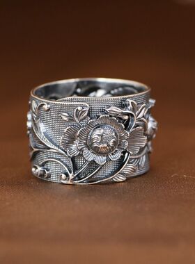 牡丹花戒指女款中式民族风开口浮雕复古四叶草扳银戒子