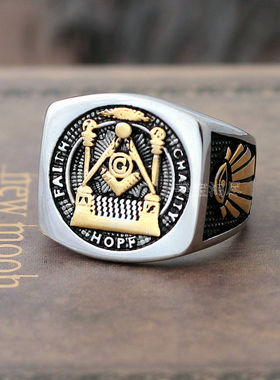 欧美潮流戒指男复古宽版共济会食指戒个性潮男钛钢霸气单身气指环