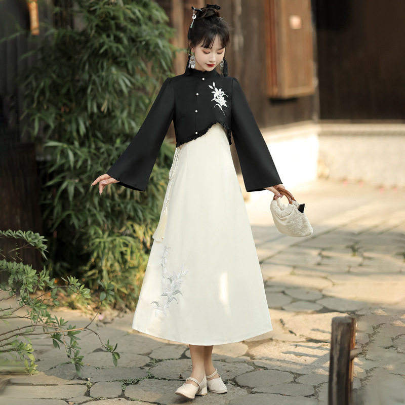 原创风铃百合汉服女中国风新中式汉元素外套吊带裙套装长款8538