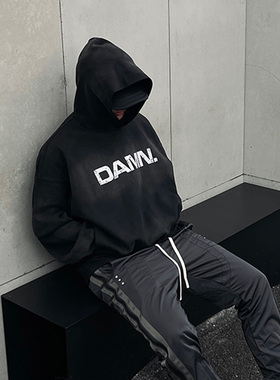 Commas 原创国潮水洗做旧DAMN帽衫宽松休闲美式高街潮流连帽卫衣