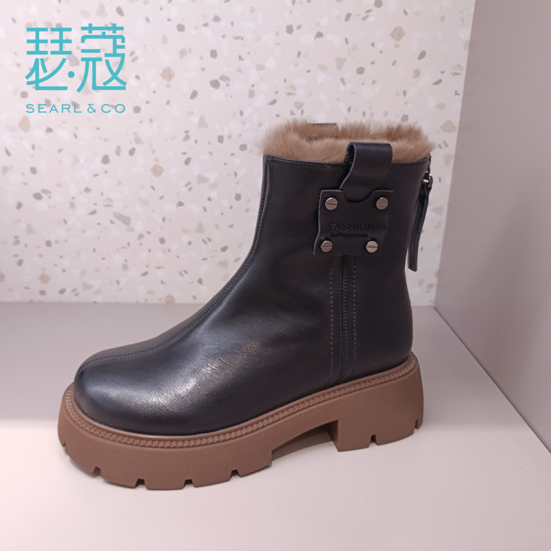 加绒兔毛马丁靴瑟蔻2022冬季新款加厚保暖切尔西短靴子黑色女鞋