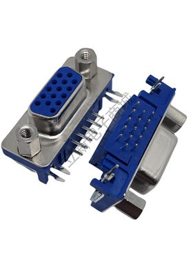 全新VGA连接器15PIN蓝色母座带螺丝 三排直插90度RS232串口座DSUB