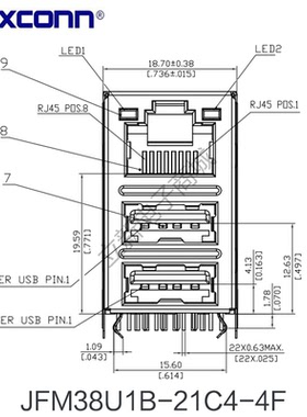 Foxconn/富士康 JFM38U1B-21C4-4F RJ45+双层USB2.0千兆滤波器