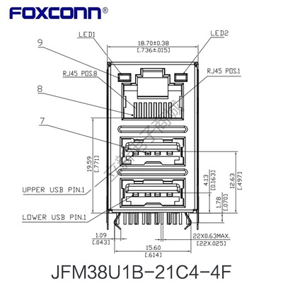 Foxconn/富士康 JFM38U1B-21C4-4F RJ45+双层USB2.0千兆滤波器
