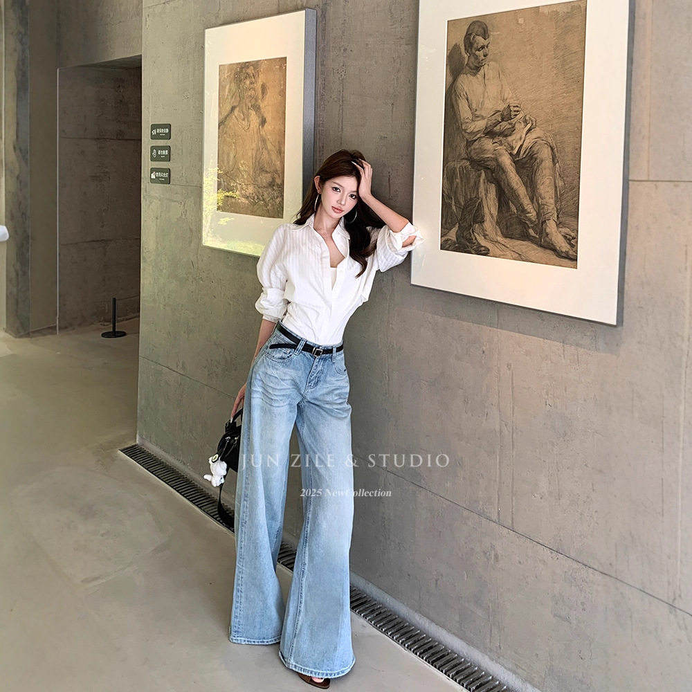 法式牛仔裤女直筒阔腿高腰显瘦浅蓝色韩系简约百搭拖地长裤子秋装