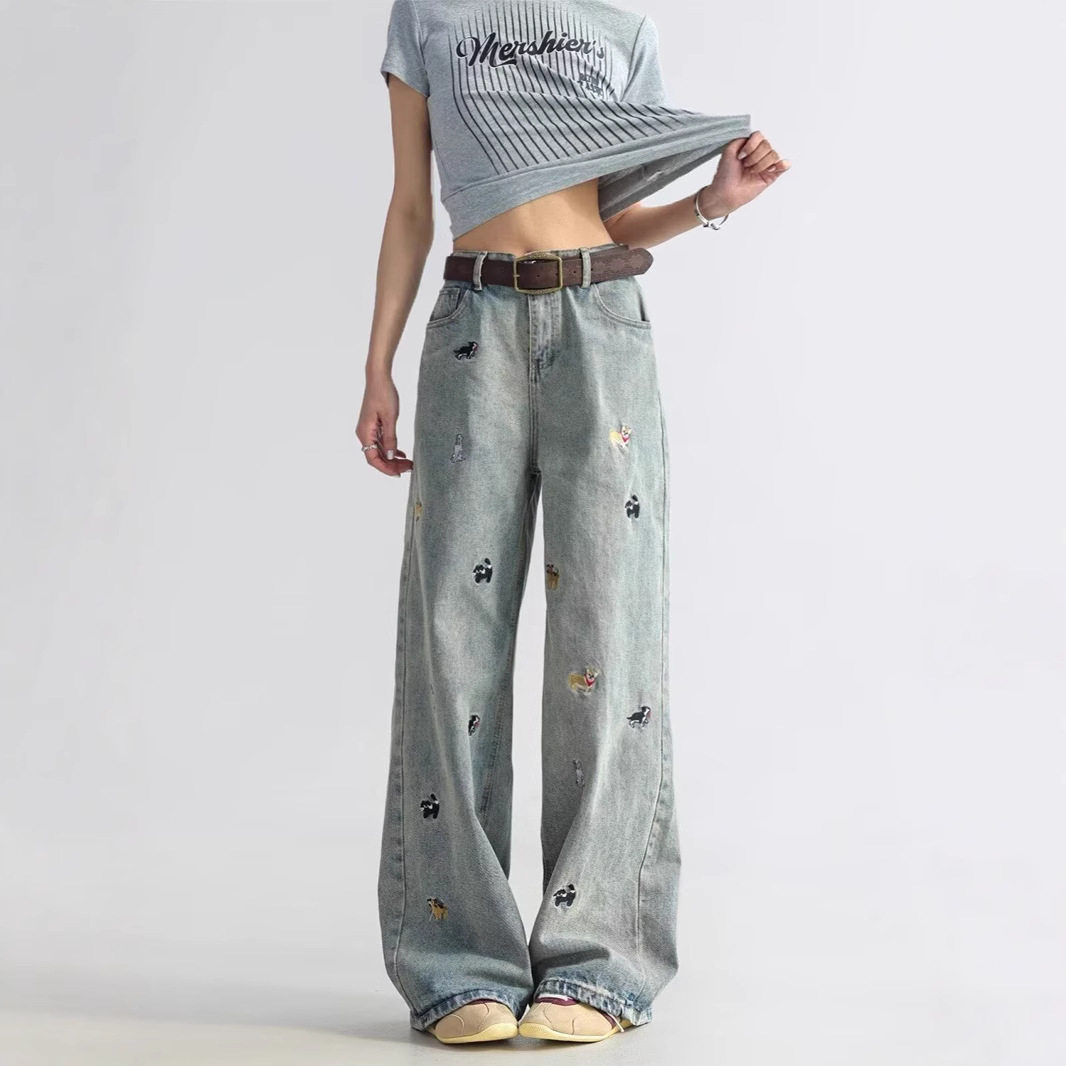 美式复古做旧小狗刺绣阔腿牛仔裤女春季新款高腰显瘦宽松直筒裤子