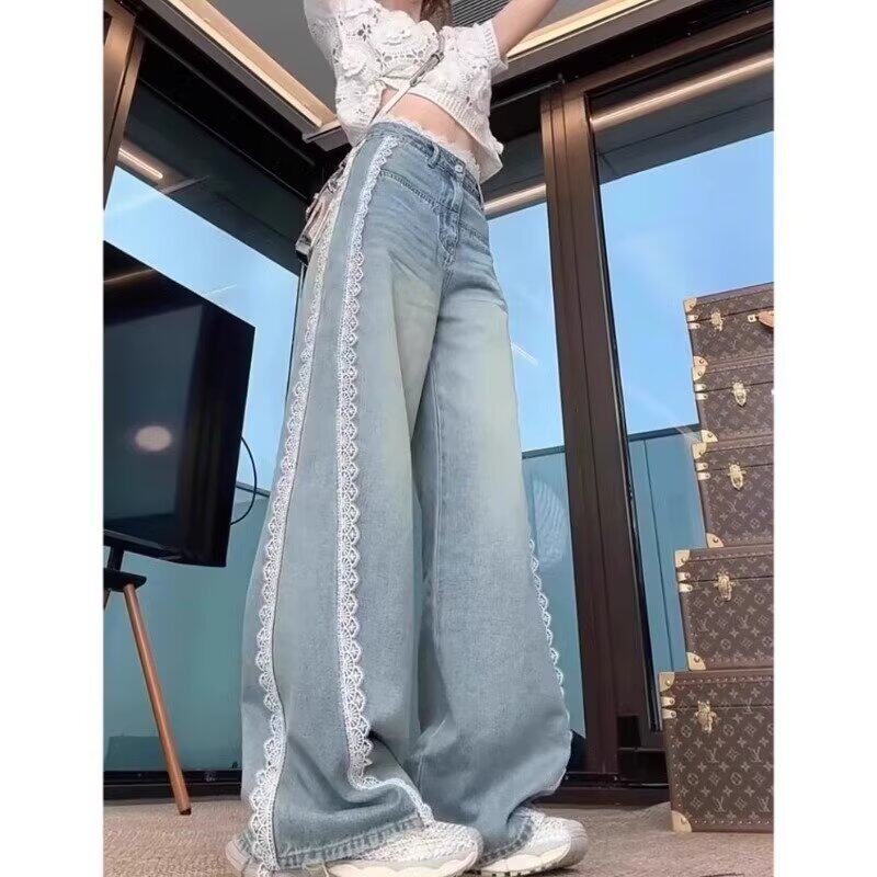 蕾丝拼接阔腿牛仔裤女2026春夏新款高腰显瘦设计感辣妹宽松直筒裤