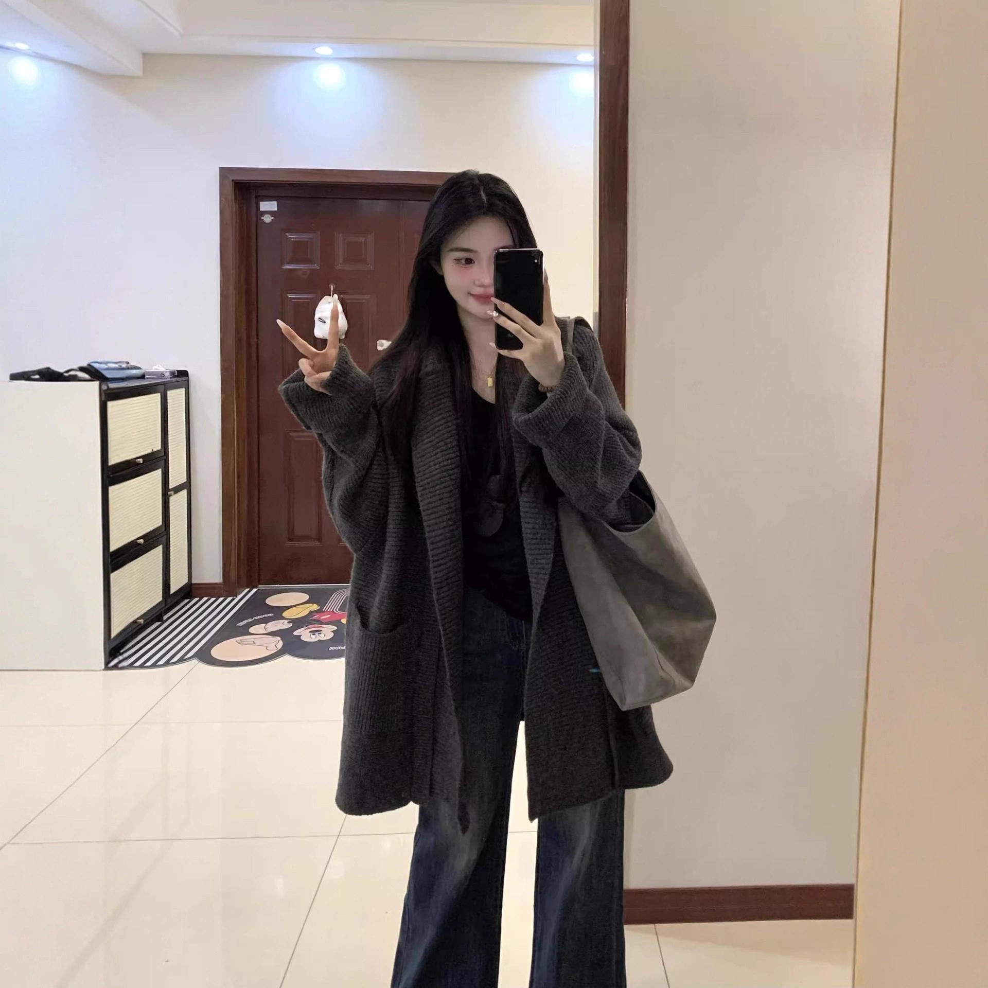 慵懒风宽松休闲针织开衫女秋加厚保暖气质百搭中长款毛衣外套