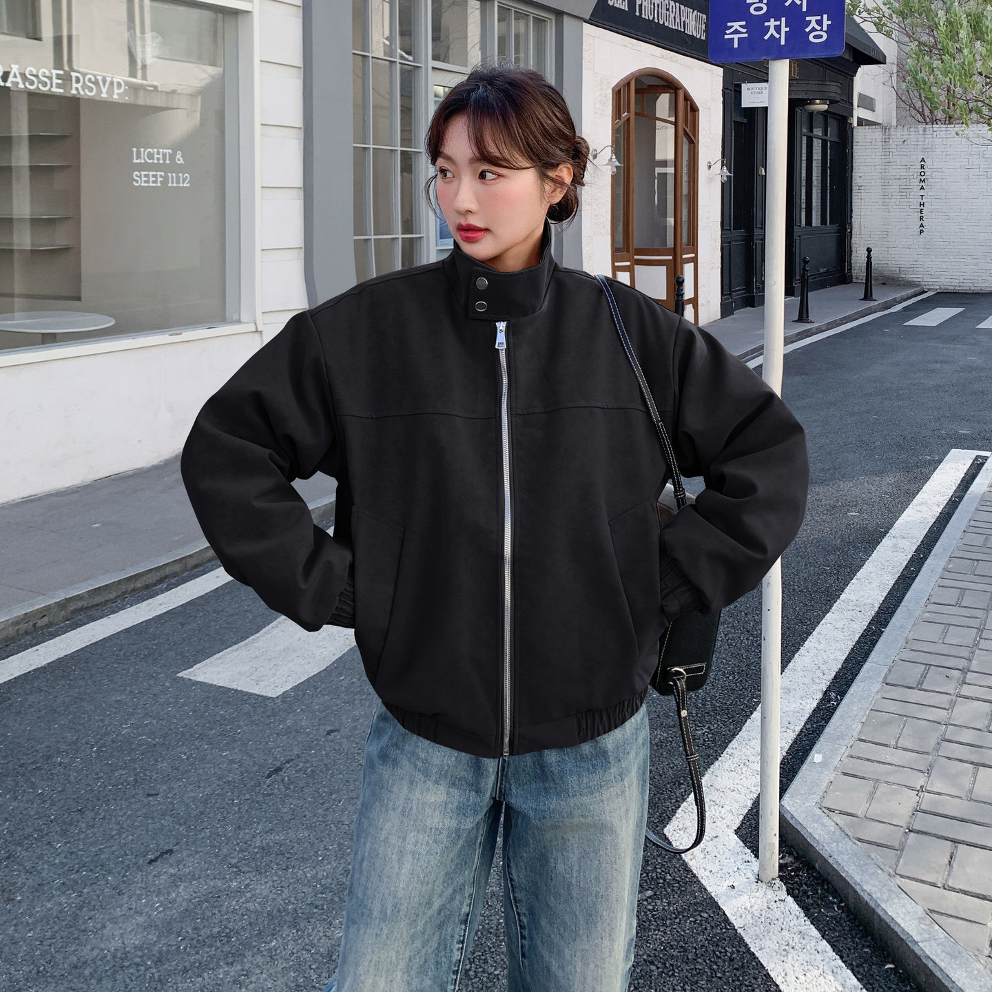 黑色韩版宽松休闲立领外套女2026年春季新款学院风小个子减龄夹克