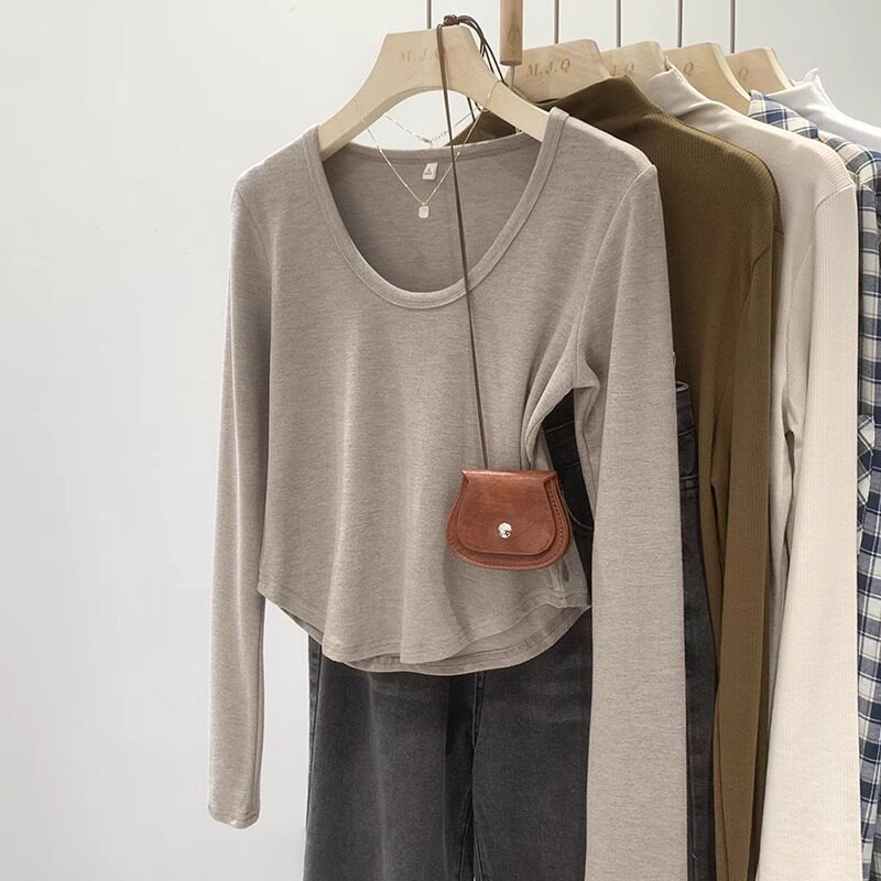 2026新款正肩长袖t恤短款上衣女棉 春季圆领高级感衣服女款打底衫