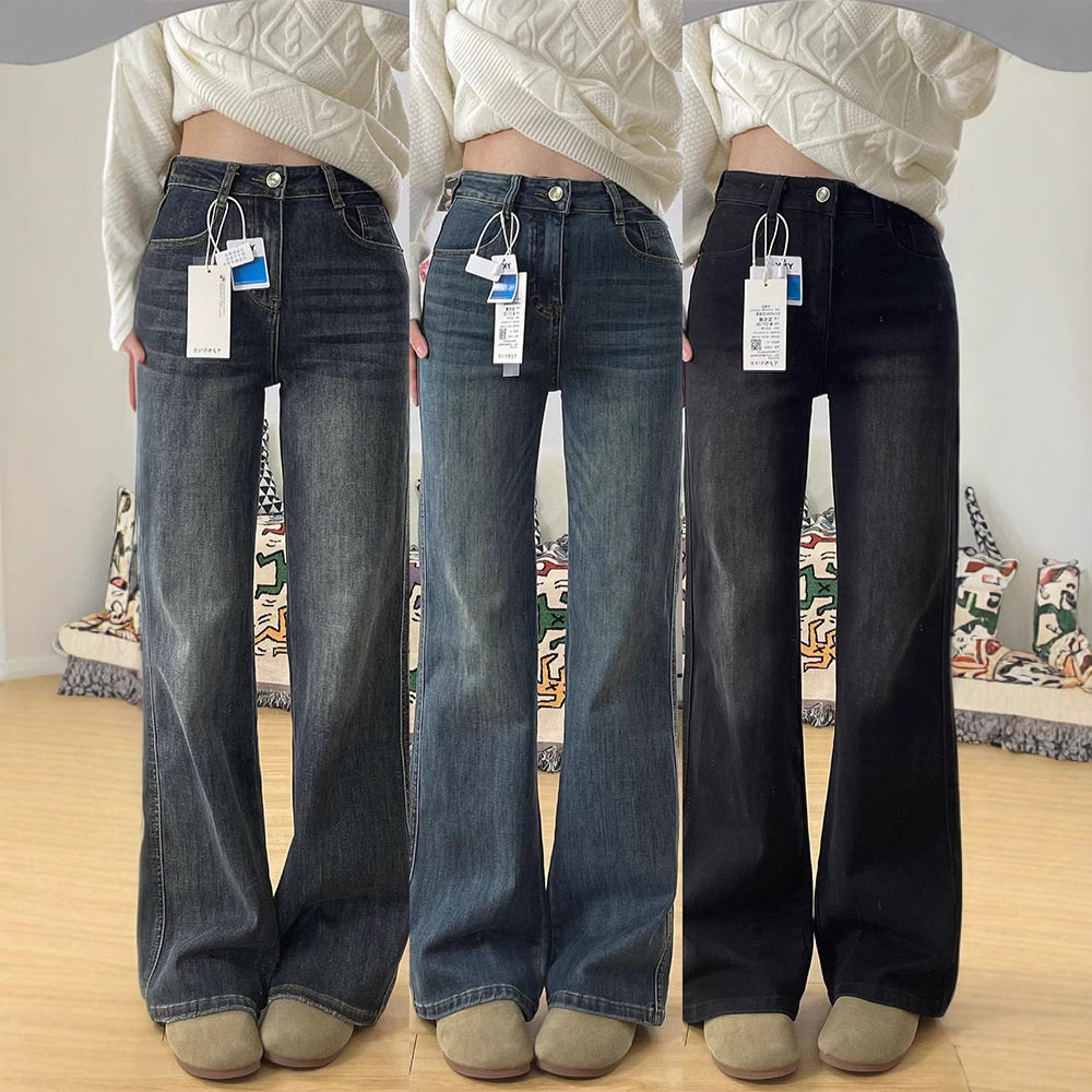 复古蓝窄版直筒牛仔裤女春季新款大码胖mm高腰显瘦不贴腿微喇裤子