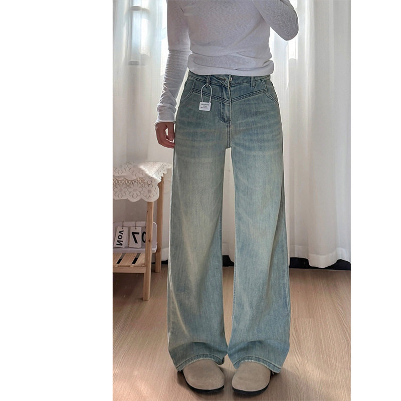 浅色阔腿牛仔裤女梨形身材秋季新款胖mm大码宽松显瘦垂感直筒裤子