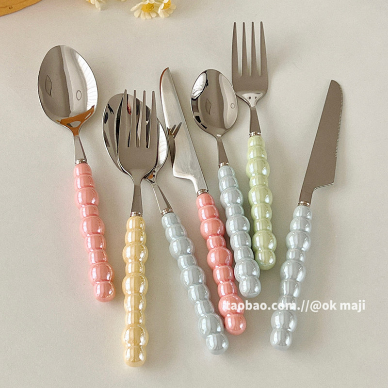 ok maji韩国ins设计感珍珠柄不锈钢牛排刀叉餐厅调羹意面叉甜品勺,餐饮具,西餐餐具套装,淘宝优惠券,粉丝福利购,淘宝优惠卷