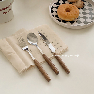 ok maji韩国ins风不锈钢餐具西餐叉勺刀甜品蛋糕勺子叉子木柄刀叉