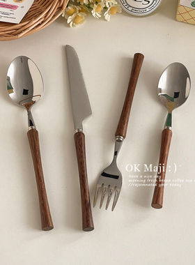 复古刀叉304不锈钢木质牛排刀叉勺西餐餐具蛋糕甜品勺子叉子套装