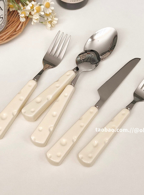 ok maji奶酪陶瓷柄不锈钢刀叉勺餐具套装牛排刀叉甜品叉子勺子