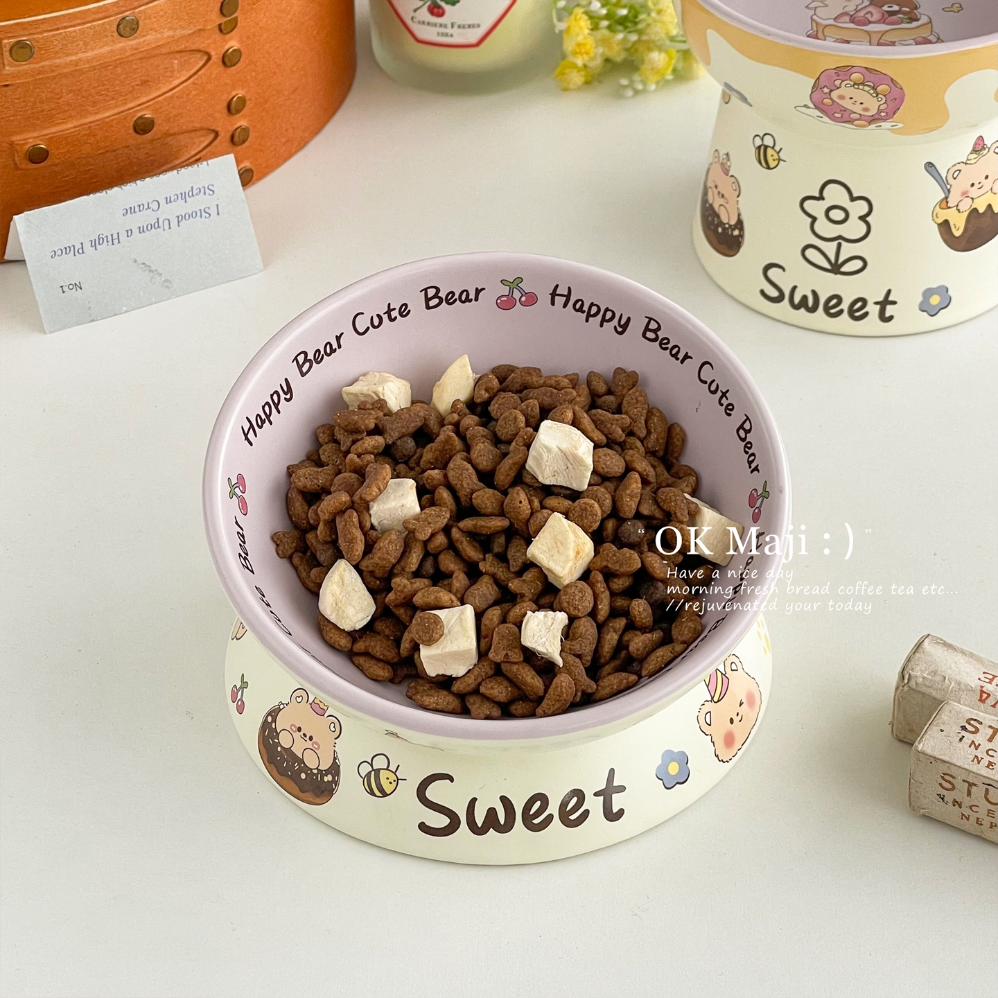 猫碗高脚斜口猫咪喝水碗卡通可爱陶瓷宠物碗猫食盆护颈防打翻狗碗