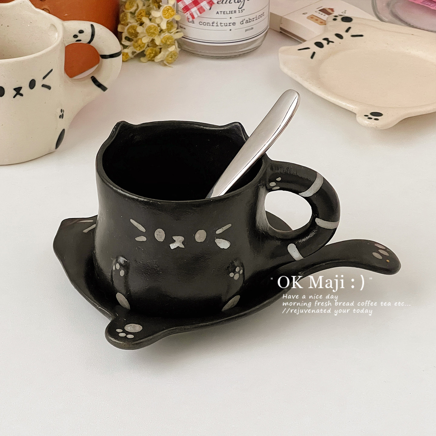 猫咪咖啡杯碟套装陶瓷燕麦早餐杯家用喝水杯子女生高颜值情侣对杯