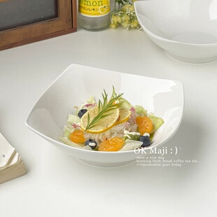 特别漂亮的碗纯白陶瓷四角碗8寸大号甜品碗特别好看的水果沙拉碗