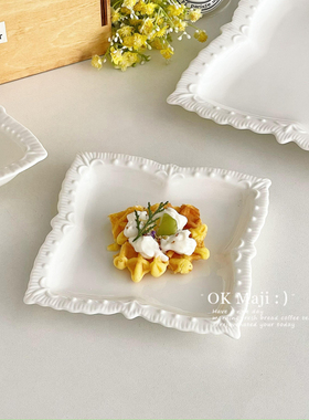 法式下午茶甜品盘高级感ins浮雕陶瓷盘复古白色西点蛋糕盘早餐盘