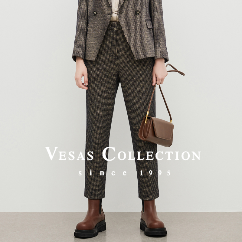 Vesas Collection羊毛混纺千鸟格直筒通勤裤T1421