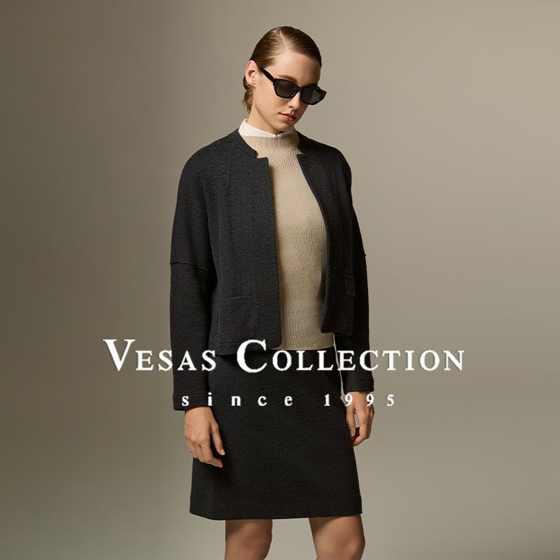 Vesas Collection冬季修身短款锡铅灰色斜纹毛针织夹克J1158