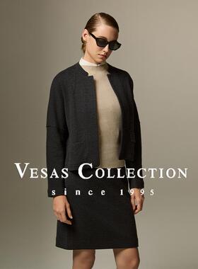 Vesas Collection冬季修身短款锡铅灰色斜纹毛针织夹克J1158