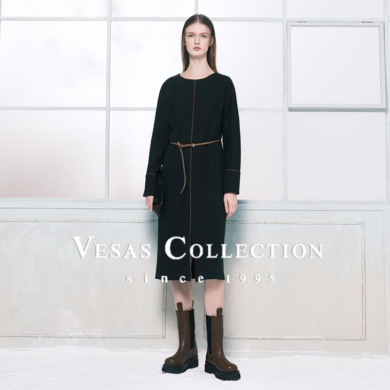 Vesas Collection2024冬季新款简约知性直身型黑色连衣裙D1286