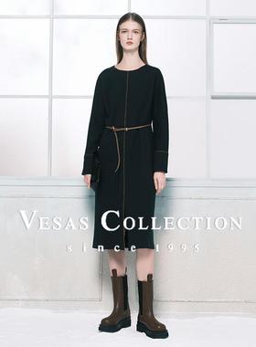 Vesas Collection2024冬季新款简约知性直身型黑色连衣裙D1286