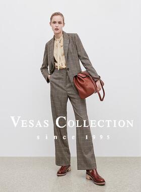 Vesas Collection2024秋季新款格纹西服长裤复古显瘦直筒裤T1420