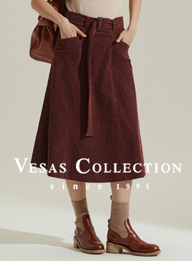 Vesas Collection棕红色精致条绒复古半身裙S0755