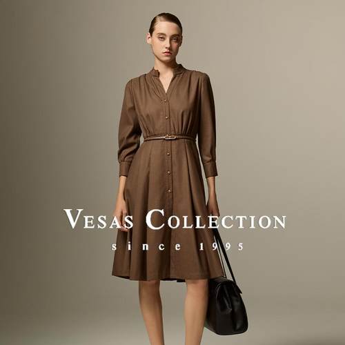 时尚复古收腰散摆松果棕色连衣裙