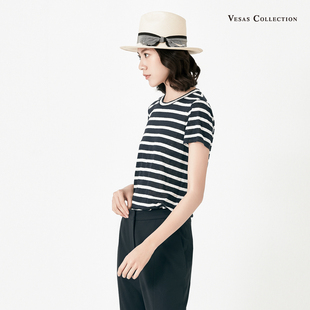 上衣宽松针织衫 唯尚女装 黑白拼色条纹海盗船领短袖 毛衫 专柜正品