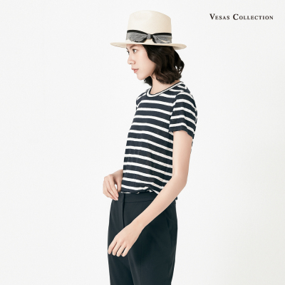 唯尚女装专柜正品毛衫  黑白拼色条纹海盗船领短袖上衣宽松针织衫