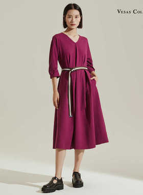 vesas collection D1380 玫红色高级感气质V领收腰连衣裙