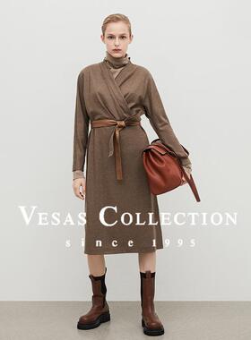 Vesas Collection2024秋季新款茶色中长连衣裙裹身时尚优雅D1327